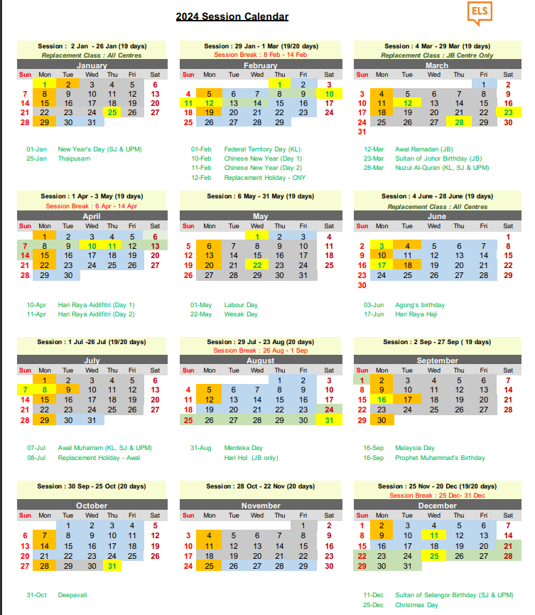 ELS session calendar